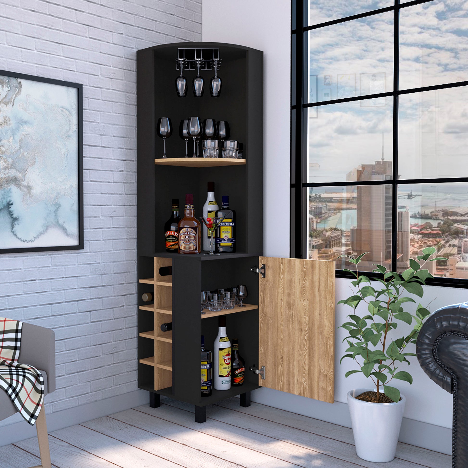 Kaia 70" Tall Corner Bar Cabinet With Four Shelves, Ten Wine Bottle Cubbies And Stemware In Black Pine Multi Primary Living Space Modern Shelves Included Particle Board