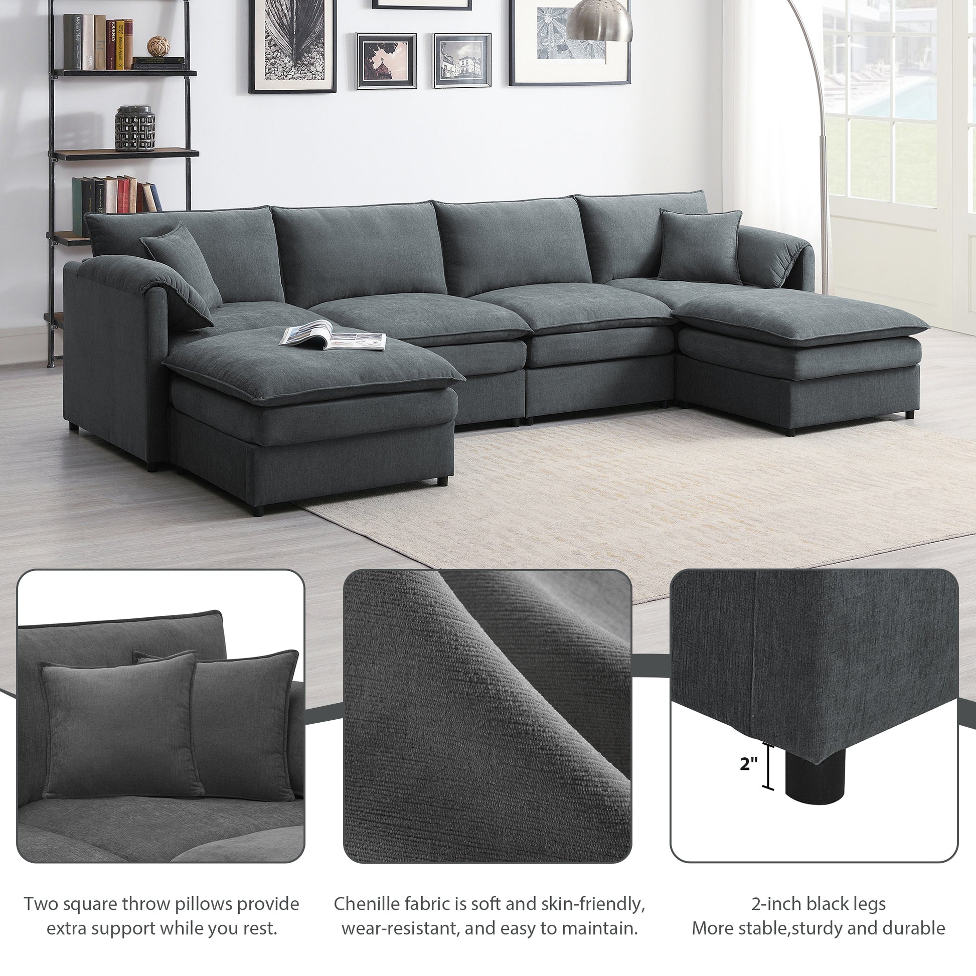 134*66" Chenille Modular Sectional Sofa,U Shaped Cloud Couch Set With Double Cushions ,6 Seat Sleeper Sofa Bed With Ottomans,Oversized Indoor Furniture For Living Room, 3 Colors Dark Gray Chenille 6