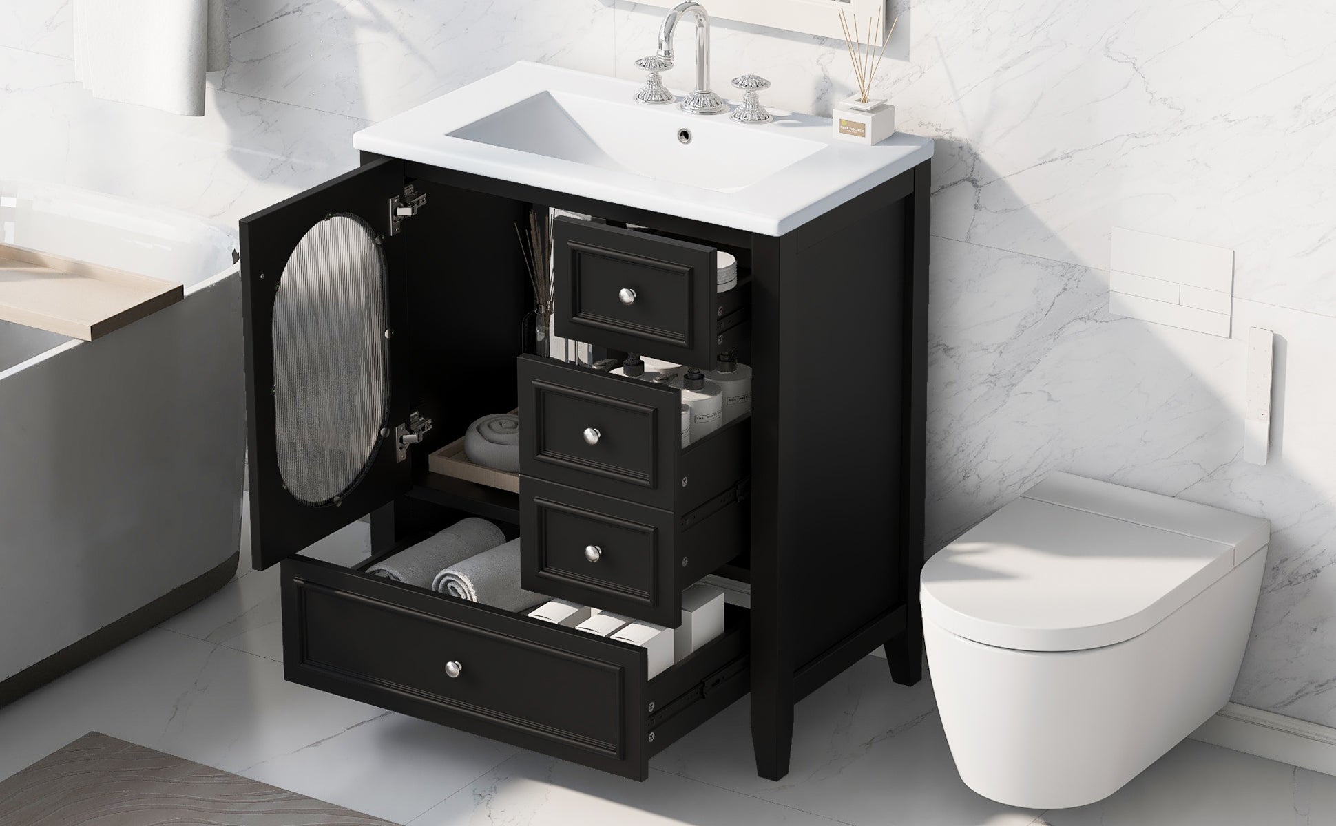 30" Bathroom Vanity With Sink, Bathroom Vanity Cabinet With Three Drawers And Door, Solid Wood And Mdf, Black Black Solid Wood Mdf