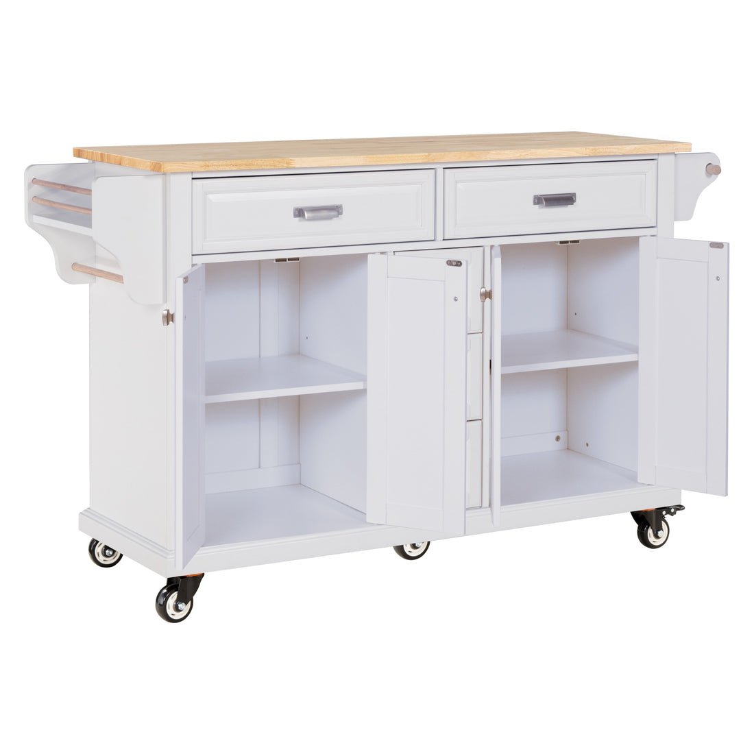 Kitchen Island With Rubber Wood Countertop, Kitchen Cart On 5 Wheels With Storage Cabinet And 5 Drawers For Dinning Room, White White Dining Room Rectangular Rubberwood Solid Wood Mdf Large 56 In