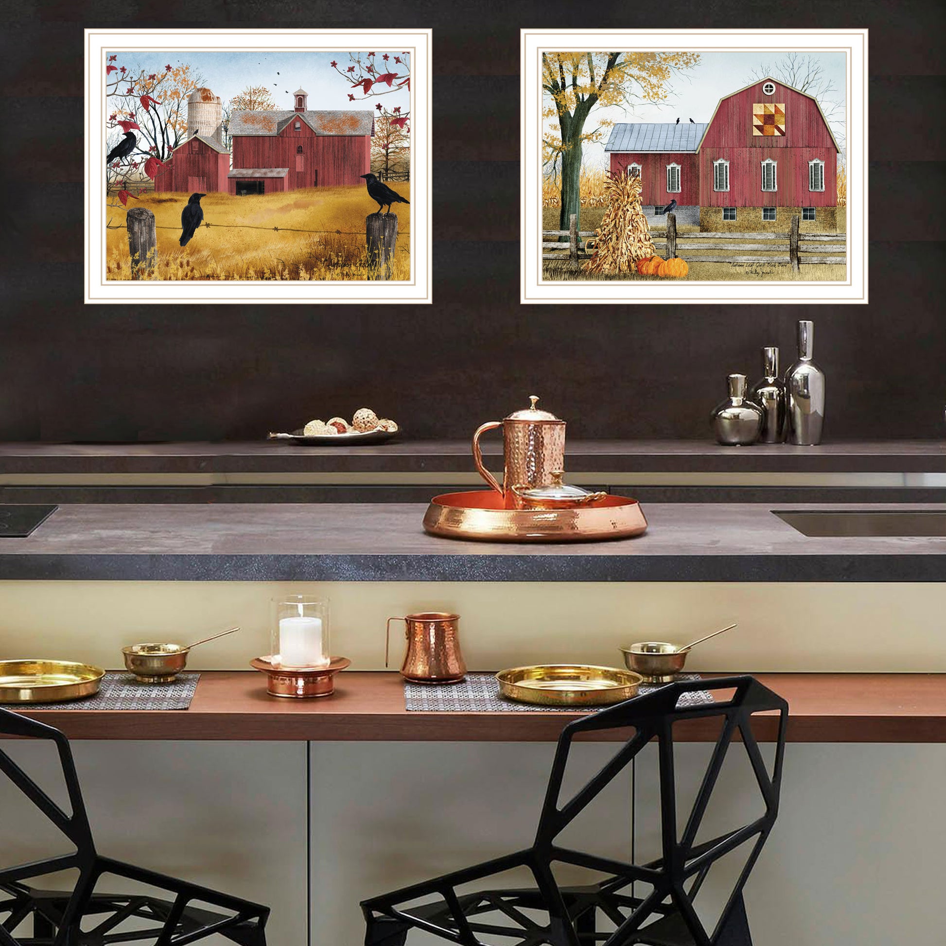 2 Piece Vignette Autumn Red Barns White Framed Wall Art For Living Room, Farmhouse Wall Art Print For Home Decor, Bedroom Wall Art By Billy Jacobs Multicolor Wood Paper