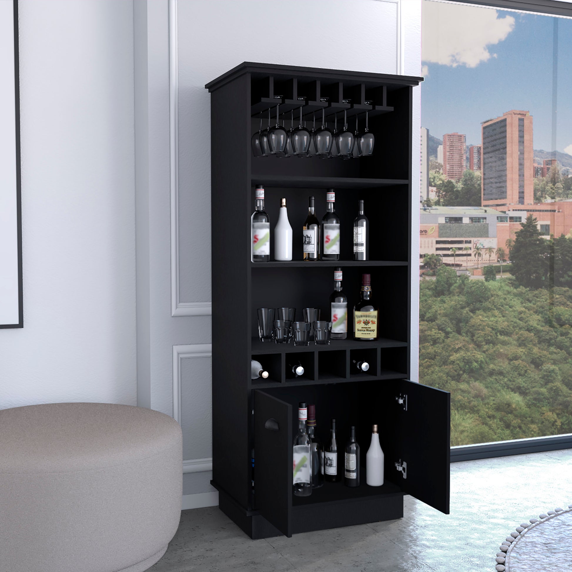 Dundee 70 Inch High 10 Glass Bar Cabinet With 5 Cubbies And 3 Open Shelves And Cabinet Black Primary Living Space Modern Shelves Included Particle Board