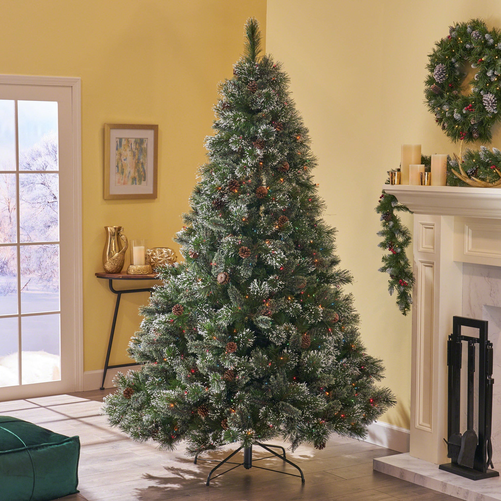 7' Faux Cashmere And Snow Bristle Mixed Tree With 75Pine Cones And 900Multi Lights Ul,1233Tips,D Green Pvc