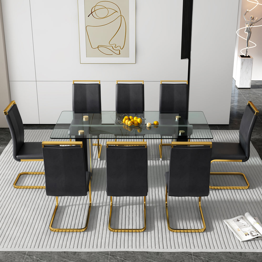 Table And Chair Set, Large Modern Minimalist Rectangular Glass Table, Can Accommodate 6 8 People, Equipped With Tempered Glass Tabletop And Large Mdf Table Legs, Comfortable And Minimalist Chairs. Transparent Mdf Glass