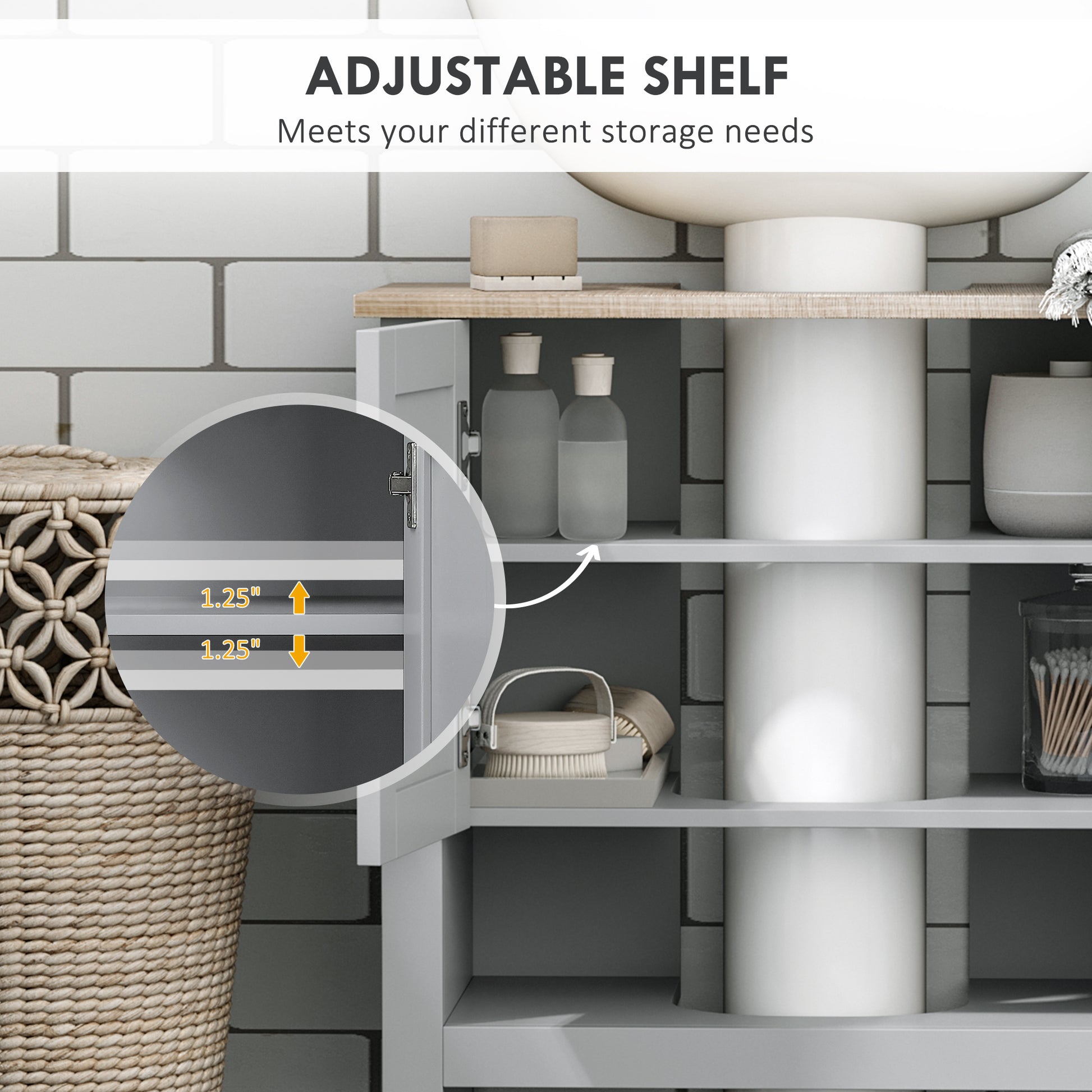 Kleankin Pedestal Sink Storage Cabinet, Under Sink Cabinet, Bathroom Vanity Cabinet With Adjustable Shelf And Open Bottom Shelf, Gray Grey Mdf