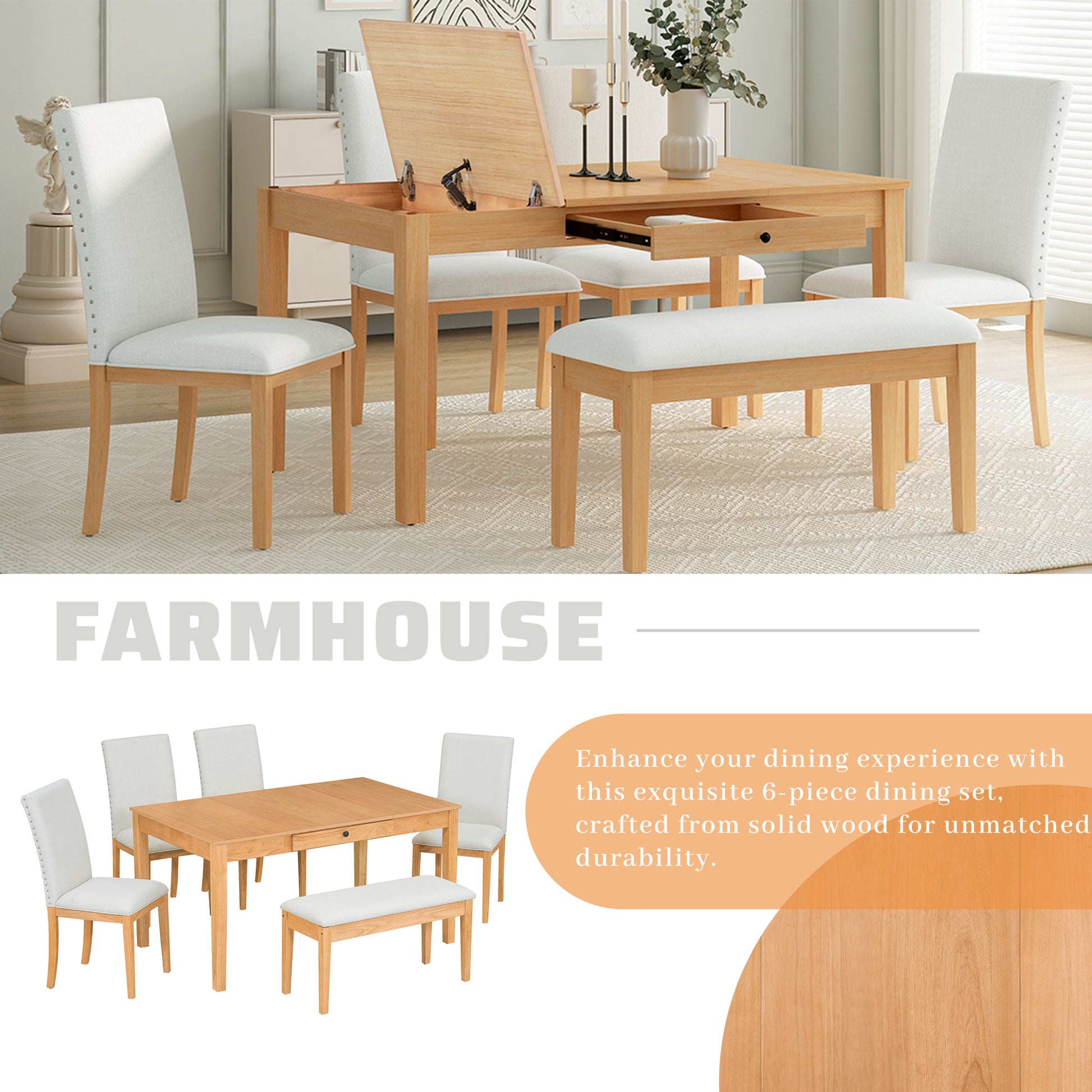 Farmhouse 6 Piece Dining Table Set With Storage Table, Kitchen Table Set With Drawer, Storable Bench And Upholstered Dining Chairs, Natural Beige Wood Dining Room Bench Seating Acacia Rectangular Dining Table With Chair And Bench Upholstered Chair Wood