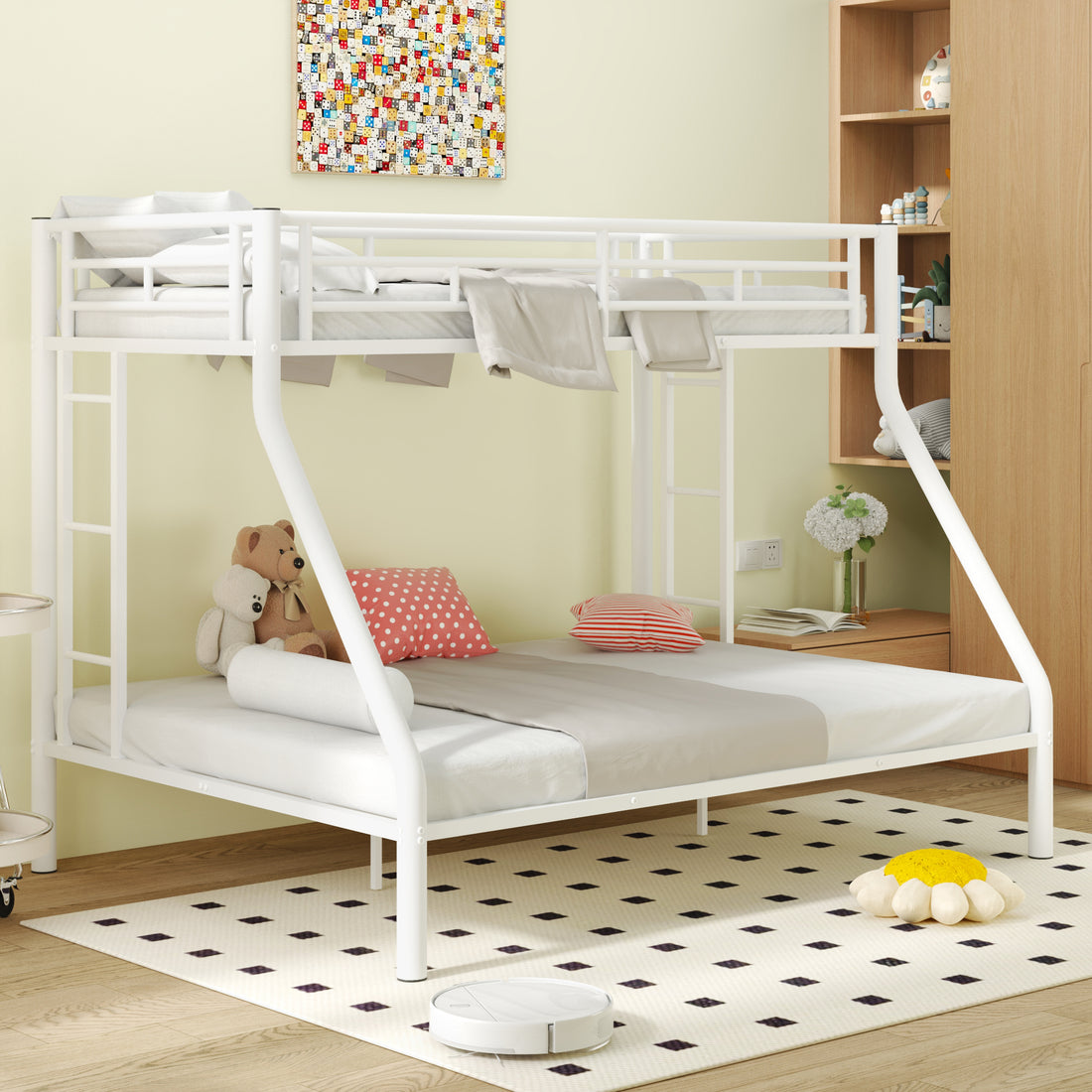 Twin Xl Over Queen Metal Bunk Bed With Ladder And Guardrails, White Box Spring Not Required Twin Xl White Metal Metal