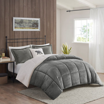 Plush To Sherpa Down Alternative Comforter Set Queen Charcoal Ivory Polyester