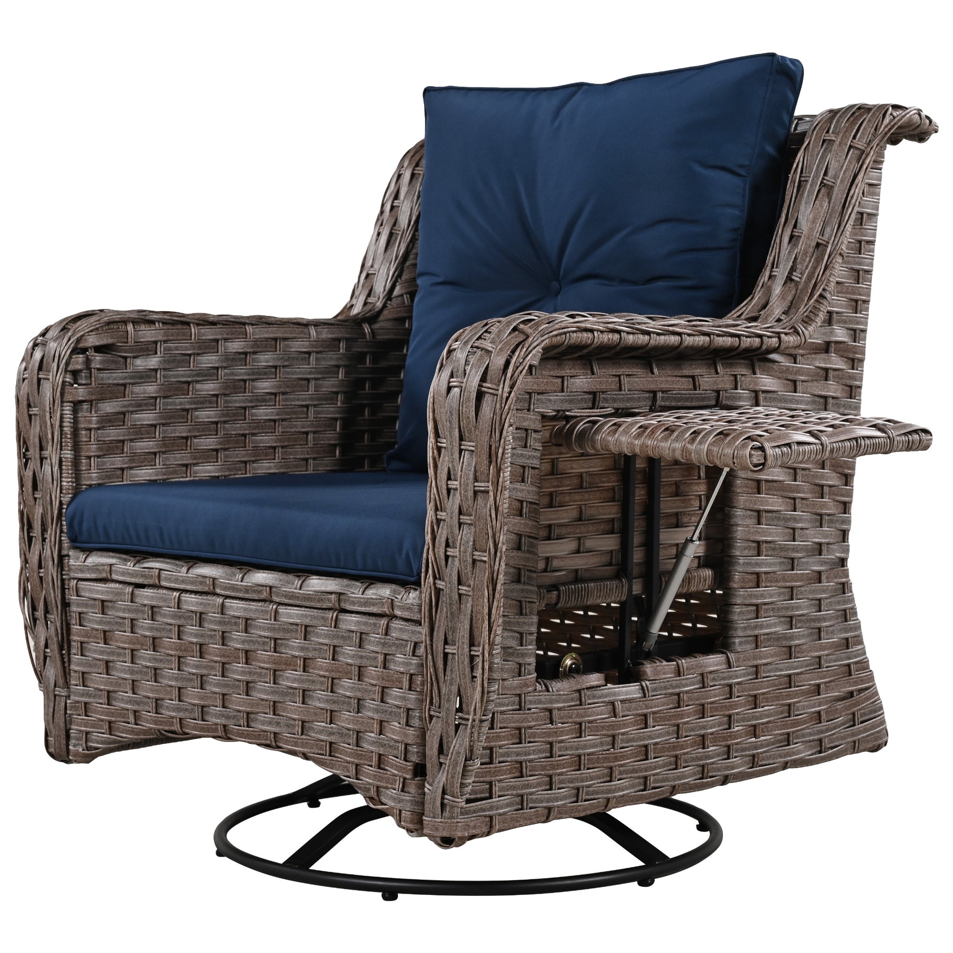 K&K 5 Pieces Outdoor Patio Furniture Set With Pet House Cool Bar And Retractable Side Tray, Rattan Wicker Patio Swivel Rocking Chairs Set Of 2 With Ottomans For Backyard, Porch, Balcony, Navy Blue Yes Rocker & Glider Navy Blue Seats 2 Weather Resistant