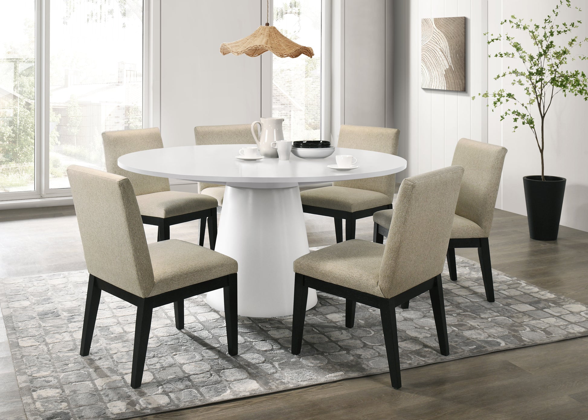 Jasper White 7 Piece 59"W Round Dining Table Set With Black Finish Chairs White Wood