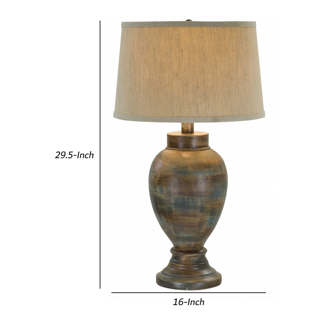 30 Inch Hydrocal Table Lamp, Drum Shade, Classic Urn Base, Brown And Blue Brown Beige Fabric