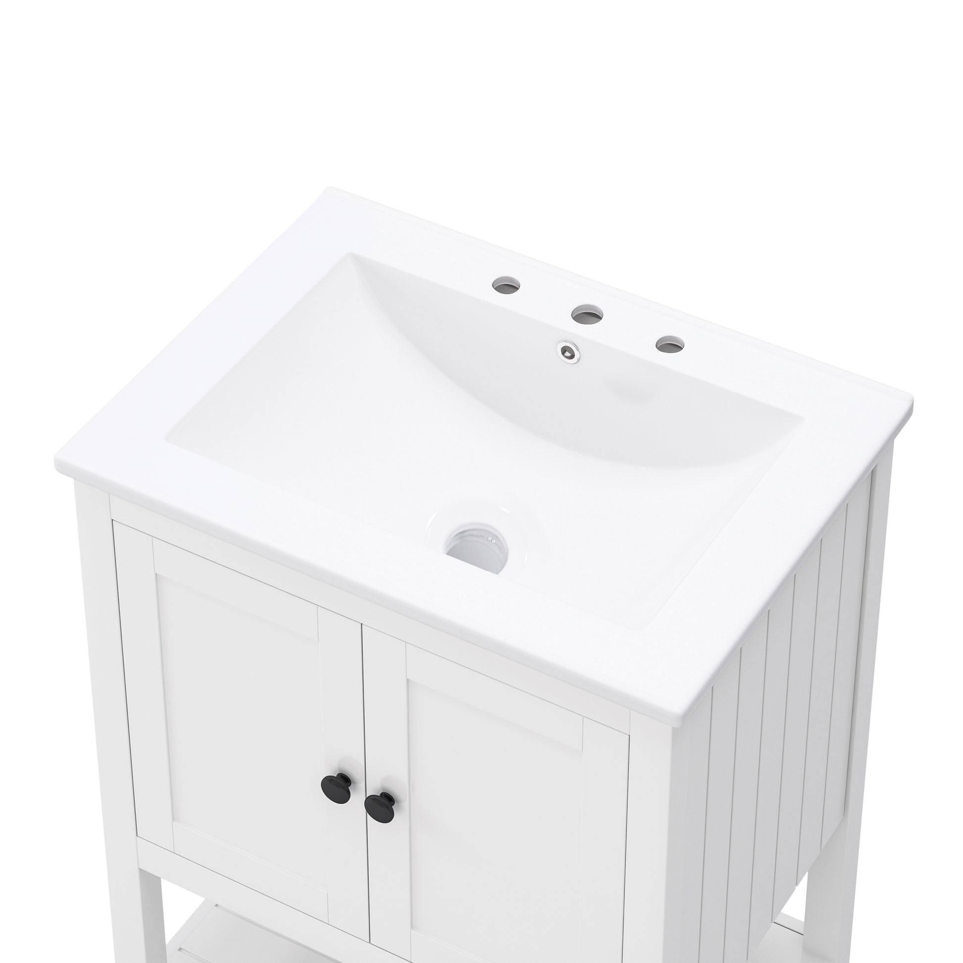 24" White Modern Sleek Bathroom Vanity Elegant Ceramic Sink With Solid Wood Frame Open Style Shelf White Solid Wood