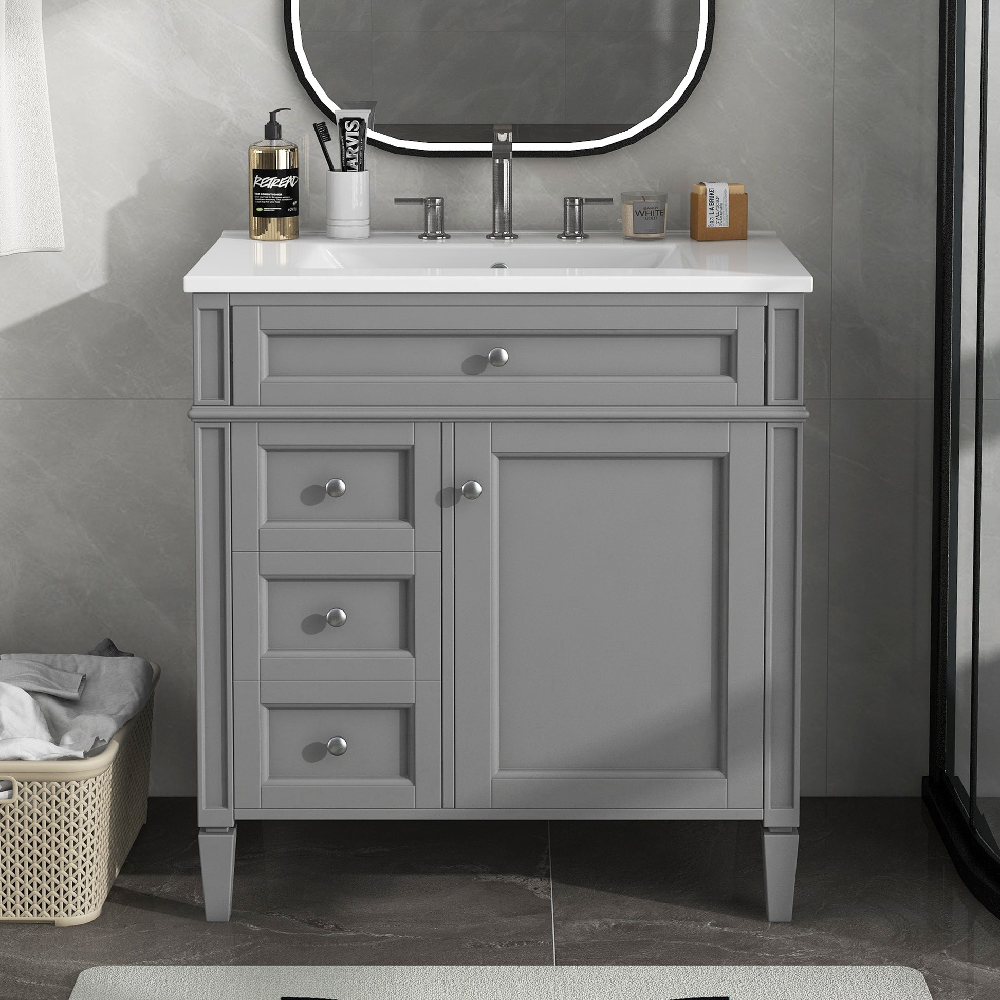 30'' Bathroom Vanity With Top Sink, Modern Bathroom Storage Cabinet With 2 Drawers And A Tip Out Drawer, Single Sink Bathroom Vanity Grey Modern Mdf Ceramic,Solid Wood Mdf
