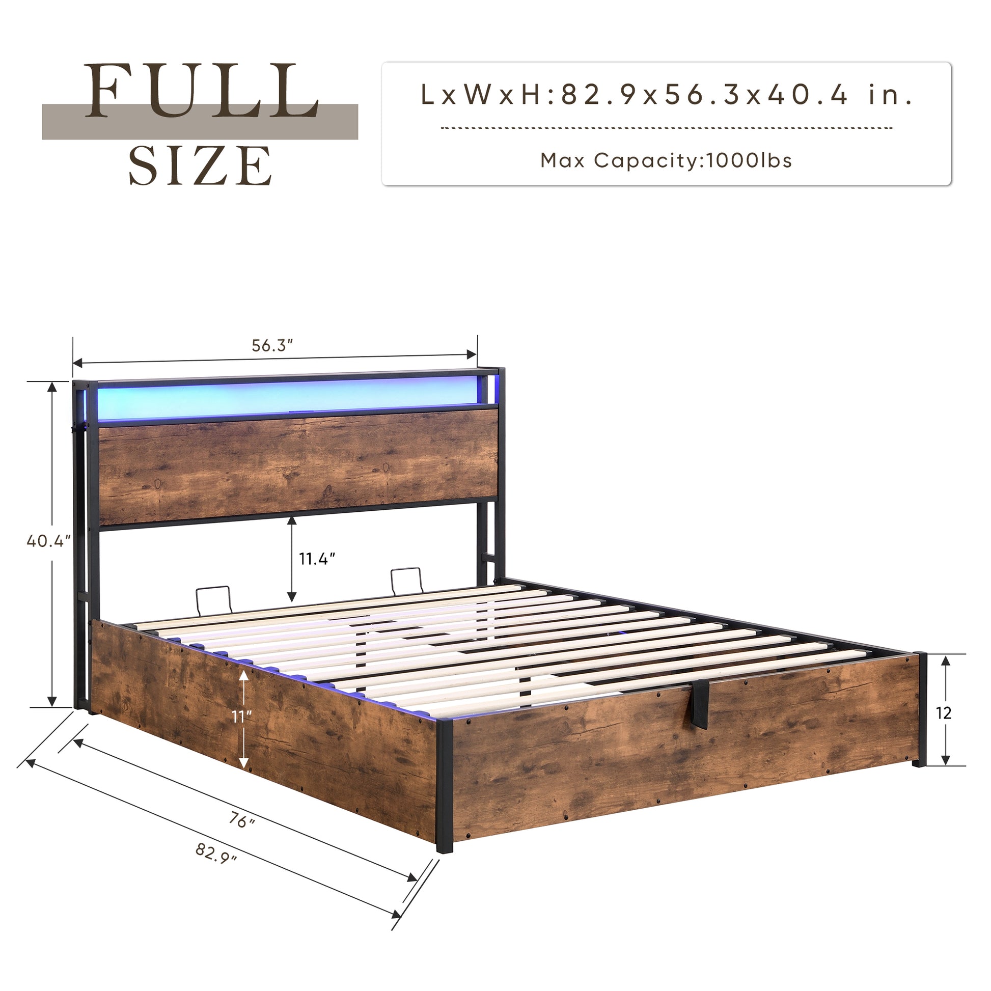 Lift Up Storage Bed Frame, Full Size Bed Frame With Bookcase Headboard & Led Lights, Wooden Platform Bed Frame With Charging Station, No Spring Box Needed, Rustic Brown Box Spring Not Required Full Rustic Brown Metal Brown Bedroom Industrial Bed Frame