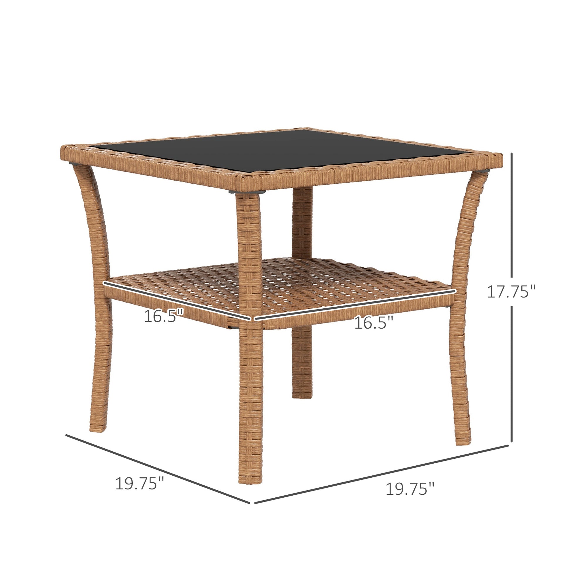 Outsunny Rattan Side Table, Outdoor End Table With Storage Shelf, Aluminum Frame Square, Coffee Table With Tempered Glass Top, Sand Black Brown Aluminum