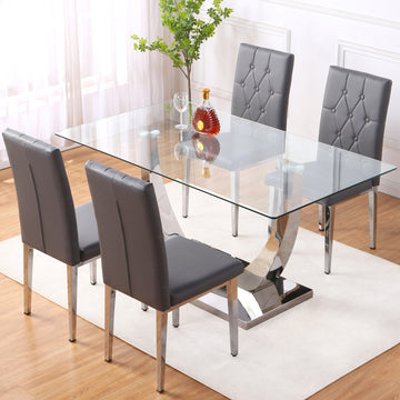 Table And Chair Set, Modern Dining Table, Tempered Glass Tabletop And Silver Colored Leg Table, Soft And Comfortable Dining Chair, Perfect For Dinner, Meetings, Home And Office Decor Gray Seats 4 Glass