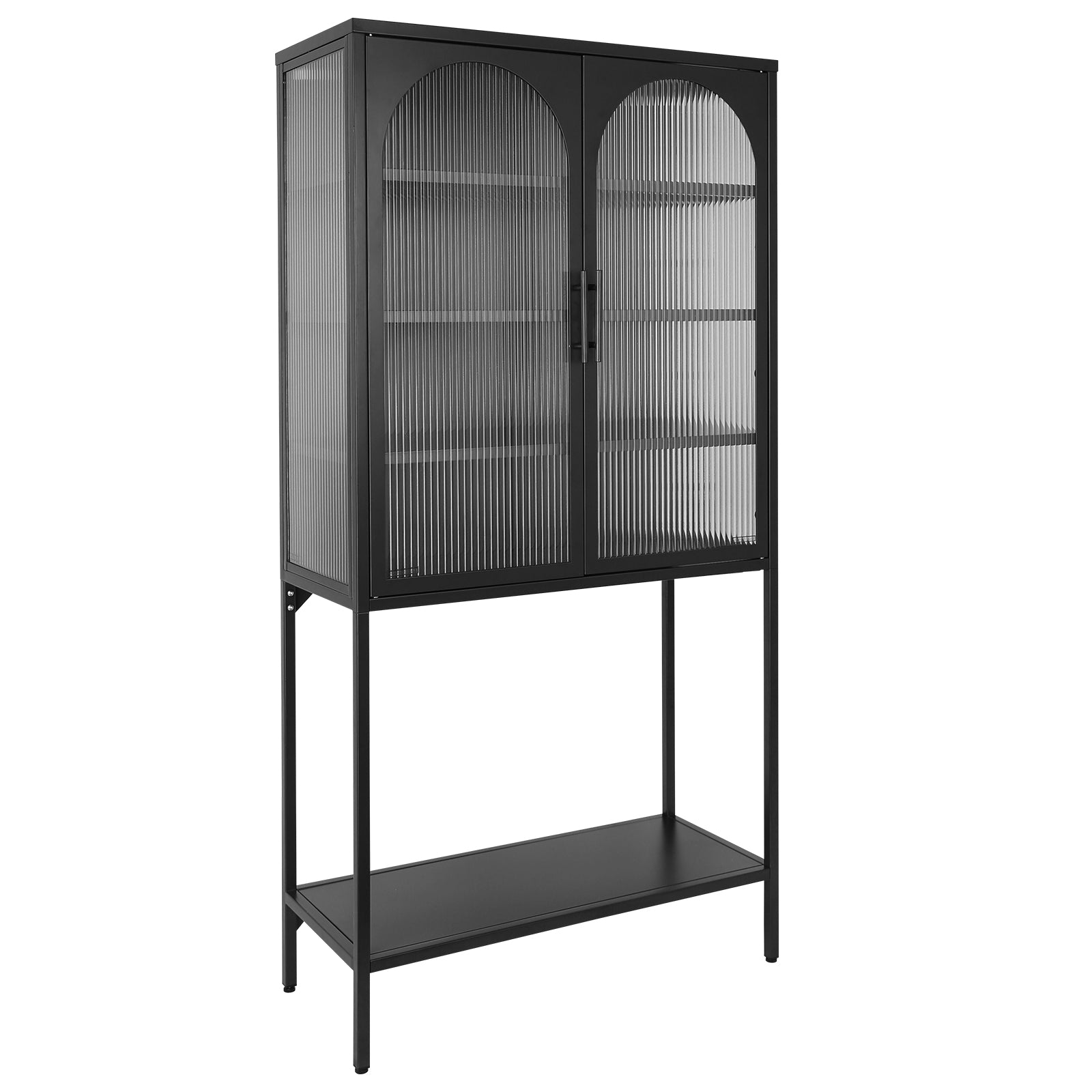 Elegant Floor Cabinet With 2 Glass Arched Doors Living Room Display Cabinet With Adjustable Shelves Anti Tip Dust Free Easy Assembly Black Black Tempered Glass Sheet Metal Plastic