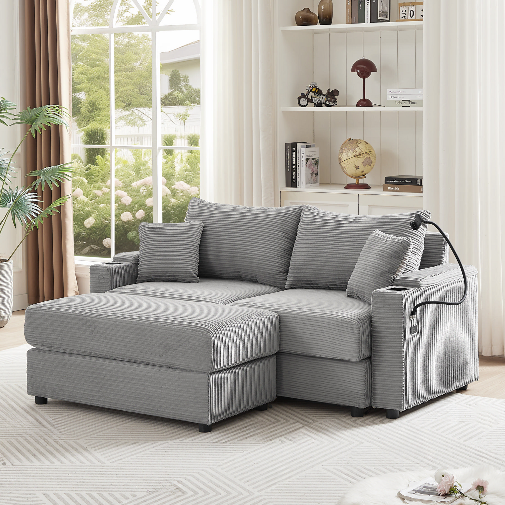 72.8" Modern Style Loveseat Sofa Sectional Sofa Couch With Storage Space, A Movable Ottoman, Two Usb Ports, Two Cup Holders, A Phone Holder For Living Room, Gray Gray Foam Corduroy 3 Seat