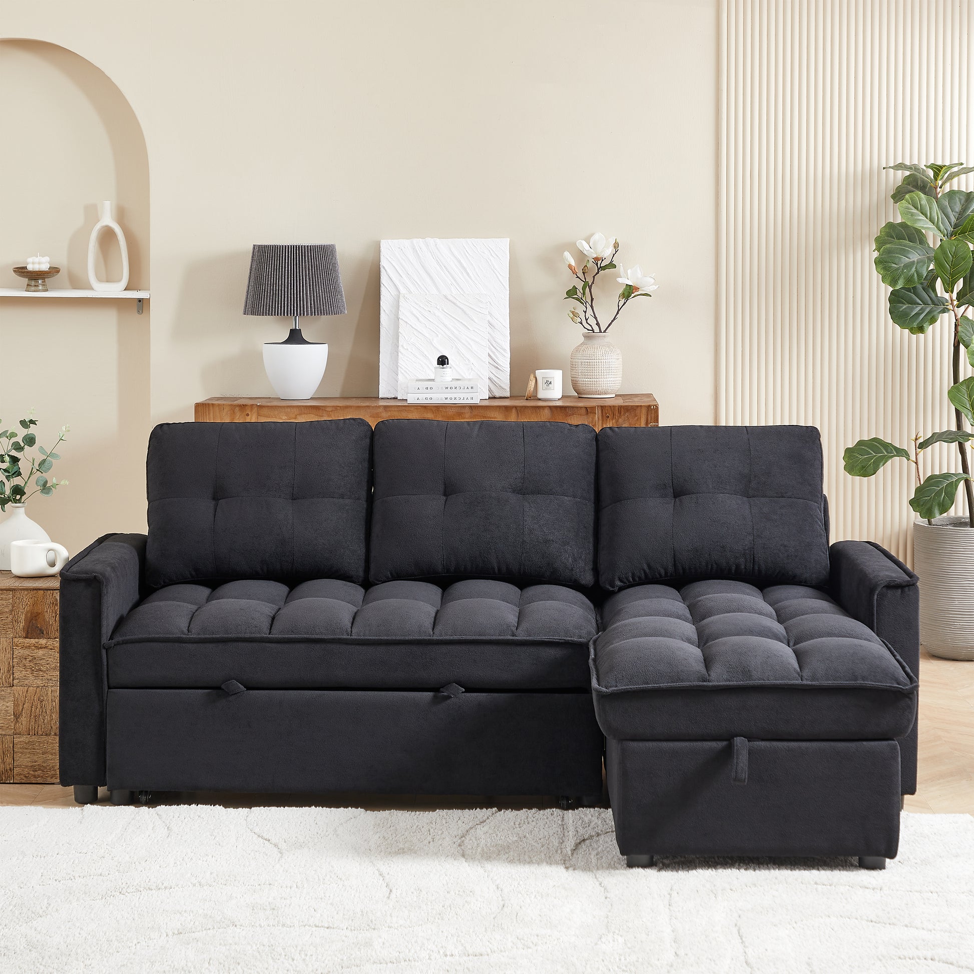 Mh 78.75" Reclining Sofa, Pull Out Sofa Bed With Usb And Tape C Charging Ports, L Shaped Sectional Sofa With Reclining Storage And Arm Side Organizer Pocket Features, Living Room Comfort Sofa Black