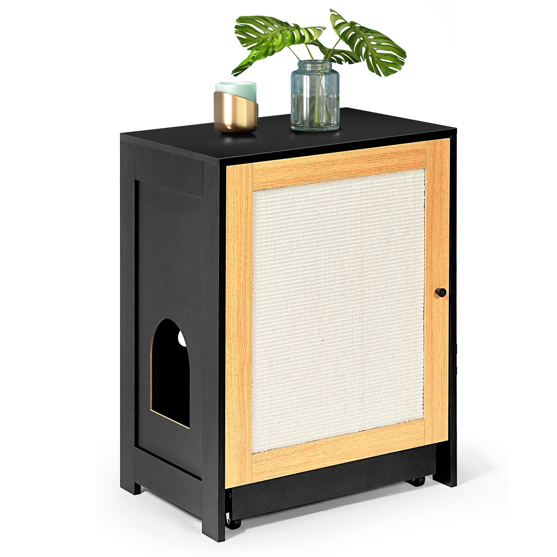 Cat Litter Box Enclosure, Hidden Cat Washroom, Kitty End Table, Litter Cabinet With Sisal Door,Black Light Oak Particle Board