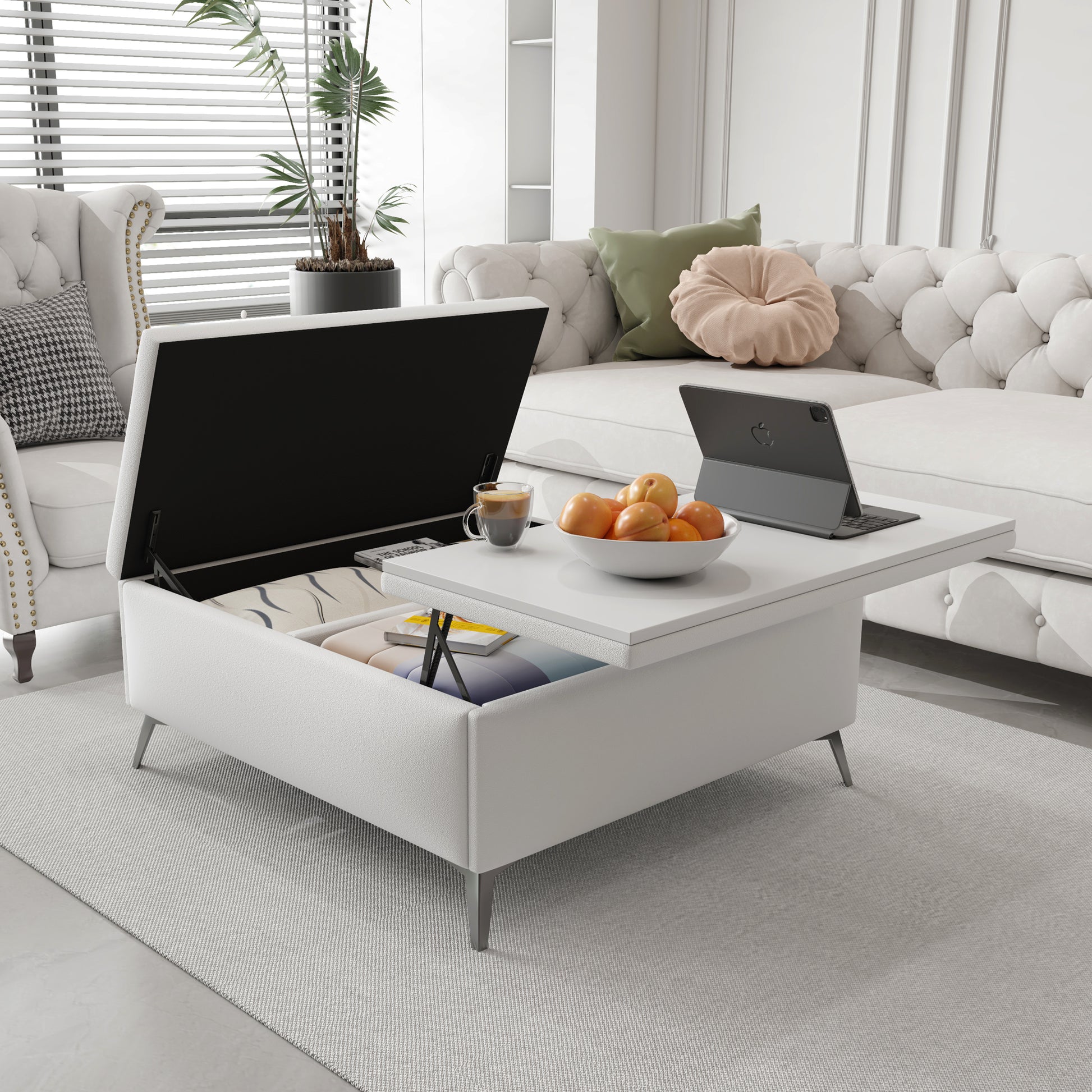 35 Inch Wide Square Storage Benches Coffee Table With Lift Top Oversized Storage Ottoman In Upholstered For Living Room White Gray Primary Living Space Rubberwood Wood Linen