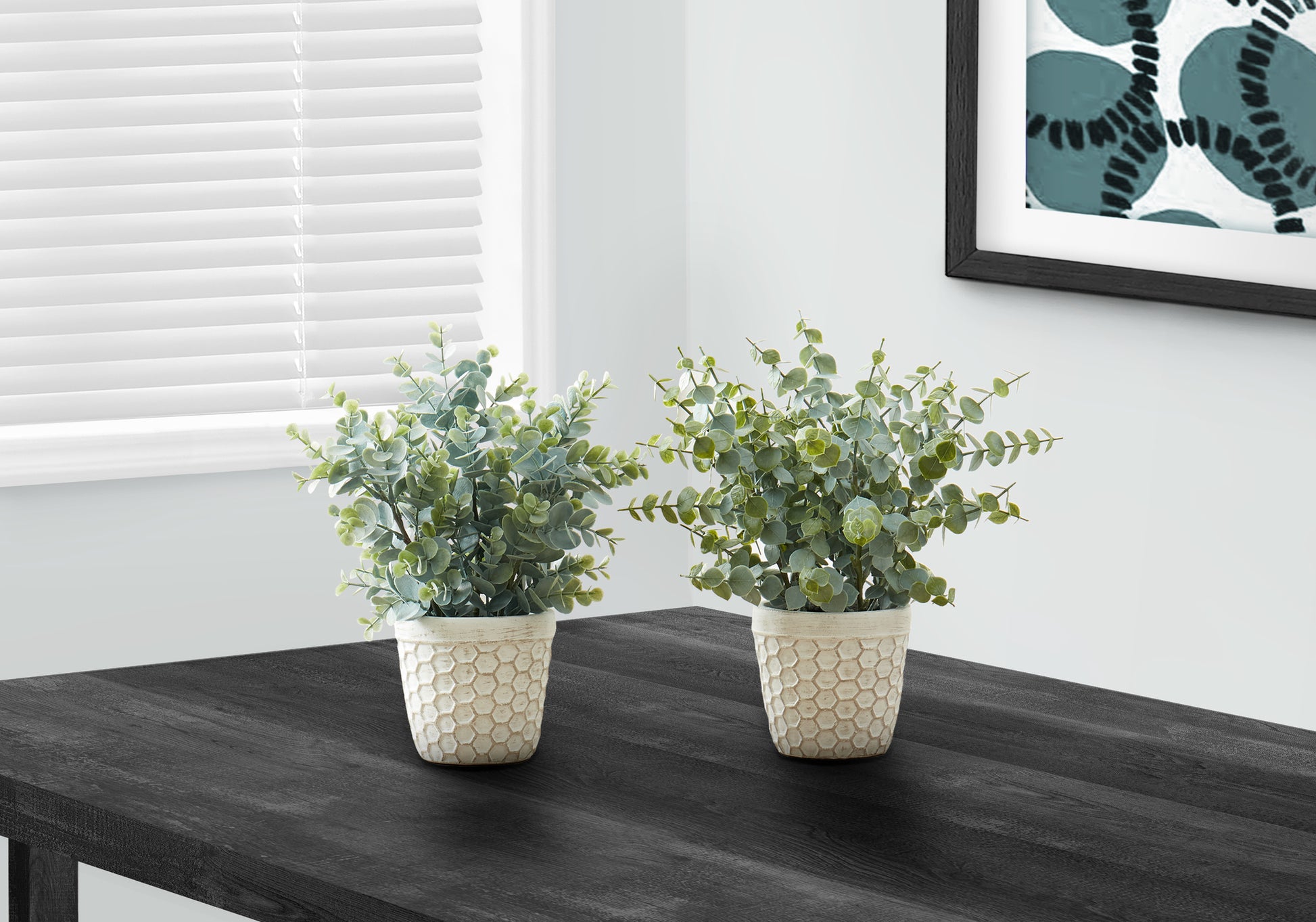 Artificial Plant, 13" Tall, Eucalyptus Grass, Indoor, Faux, Fake, Table, Greenery, Potted, Set Of 2, Decorative, Green Leaves, White Pots Green Foam Plastic