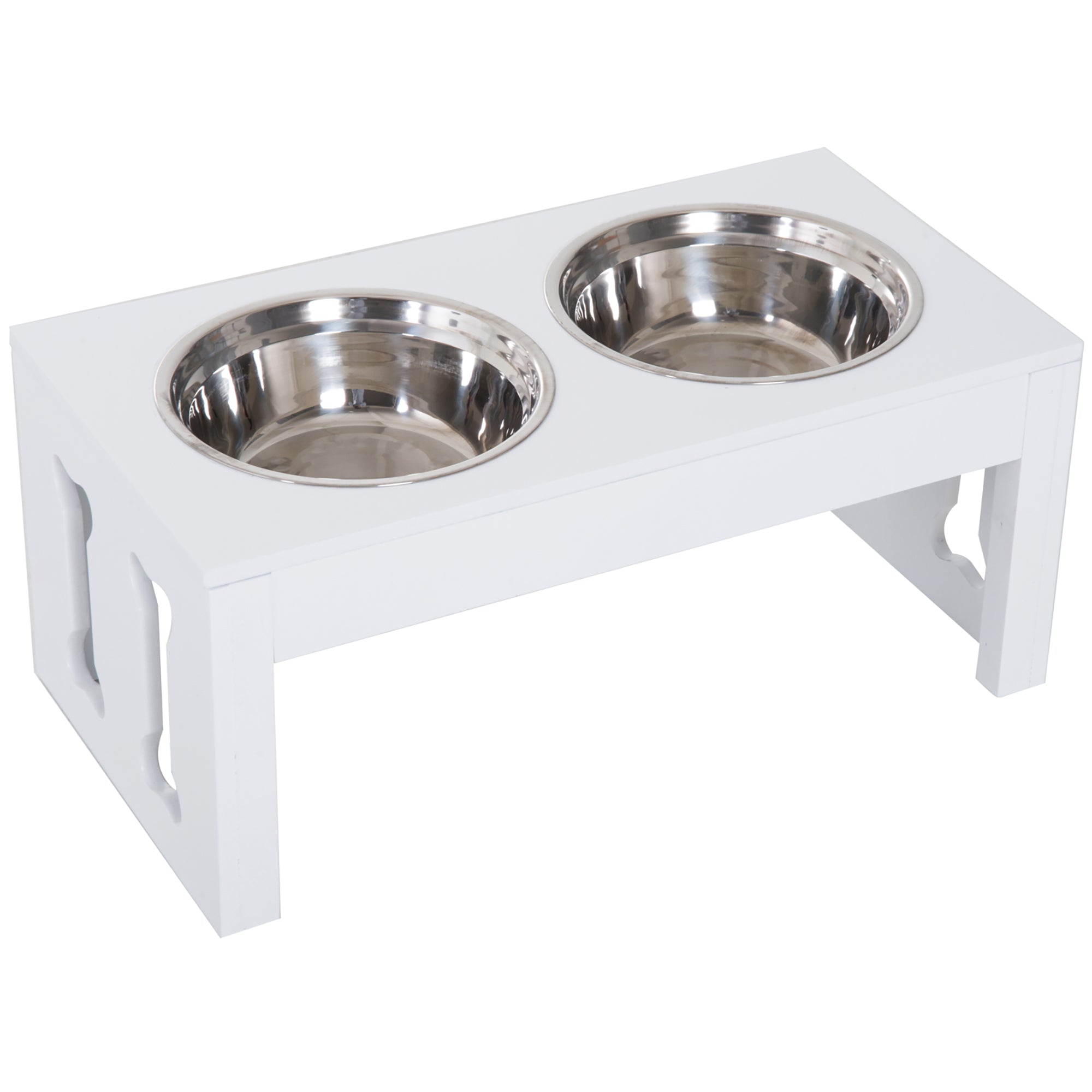 Pawhut 23" Modern Decorative Dog Bone Wooden Heavy Duty Pet Food Bowl Elevated Feeding Station White White Mdf