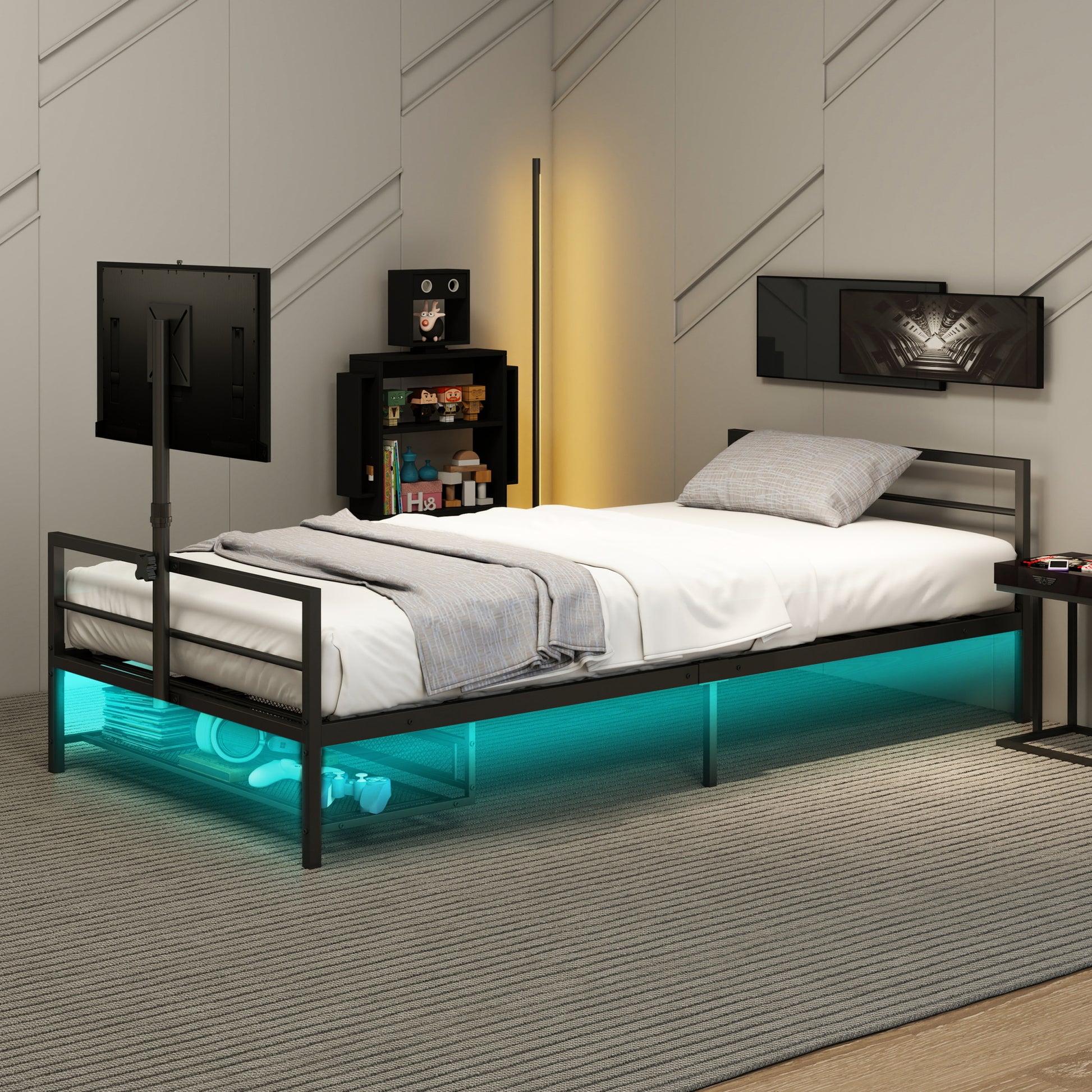 Gaming Bed With Rotating Tv Mount And Metal Mesh Frame,Vented Console Storage, Iron Bed With Led Twin Black Modern Iron