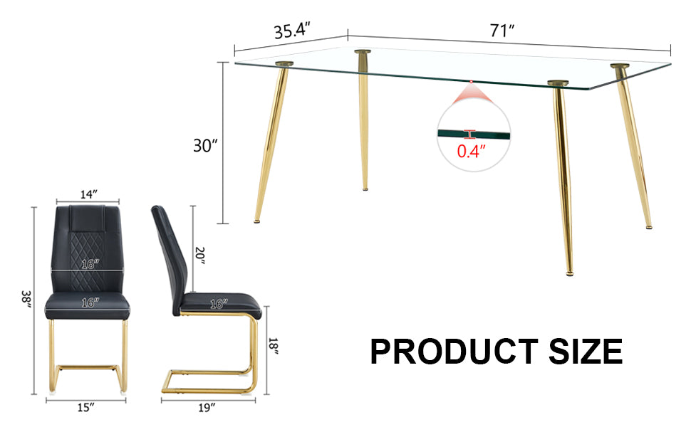 Table And Chair Set.Modern Rectangular Glass Dining Table With A Tempered Glass Tabletop And Metal Legs, Paired With Multiple Chairs Designed With Pu Cushions And Golden Metal Legs. Black Gold Seats 8 Tempered Glass