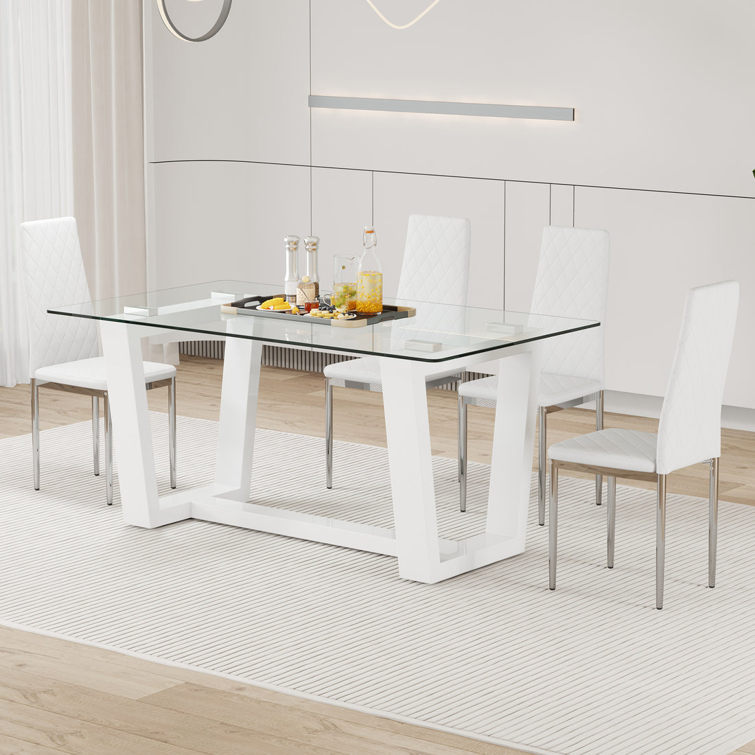 Table And Chair Set.A Rectangular Dining Table Features With Tempered Glass Top And Sleek White Mdf Stand.Paried With 4 Pu Chairs With Checkered Armless High Back And Electroplated Metal Legs. White Seats 4 Mdf Glass