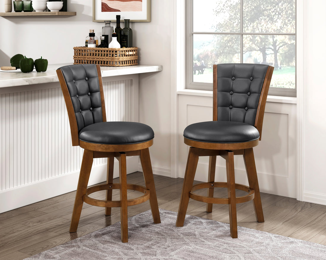 Swivel Counter Height Chairs Set Of 2, Button Tufted Upholstered Seat And Back Chestnut Finish Solid Wood Dining Furniture Chestnut Dining Room Solid Wood