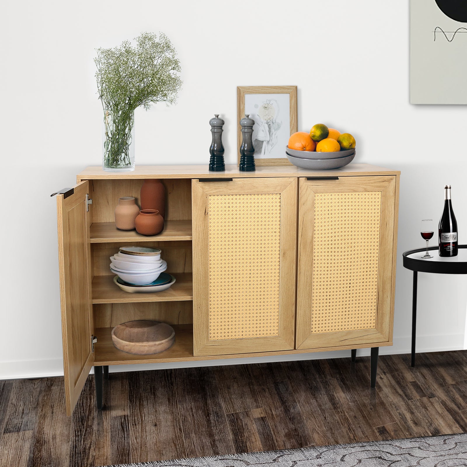 47.24 '' Wide Elegant Kitchen Buffet Storage Cabinet With 3 Rattan Doors For Bedroom Living Room Kitchen Cupboard Wooden Furniture With 3 Tier Shelving ,Natural Color Natural Particle Board