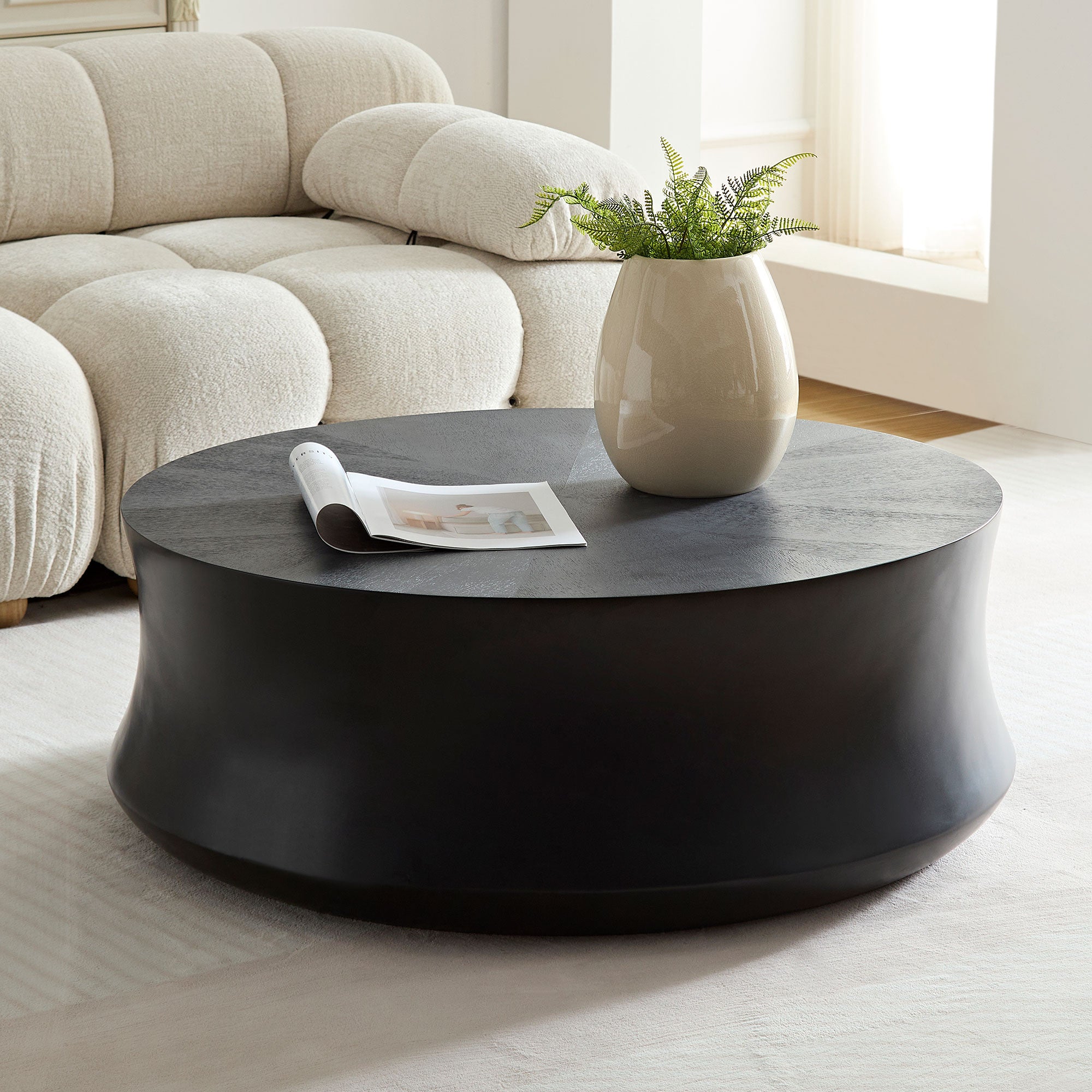 35.43''Fiberglass Round Center Coffee Table For Living Room Vintage Table,Matte Black Table Front Of The Sofa,Modern Handcraft Drum Coffee Table For Office,Apartment,No Need Assembly Black