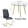 A Modern Minimalist Style Round Transparent Tempered Glass Table With Gold Metal Legs, Paired With 4 Modern Pu Leather High Back Dining Chairs, Bring A Luxurious Experience. Black Seats 4 Glass Metal