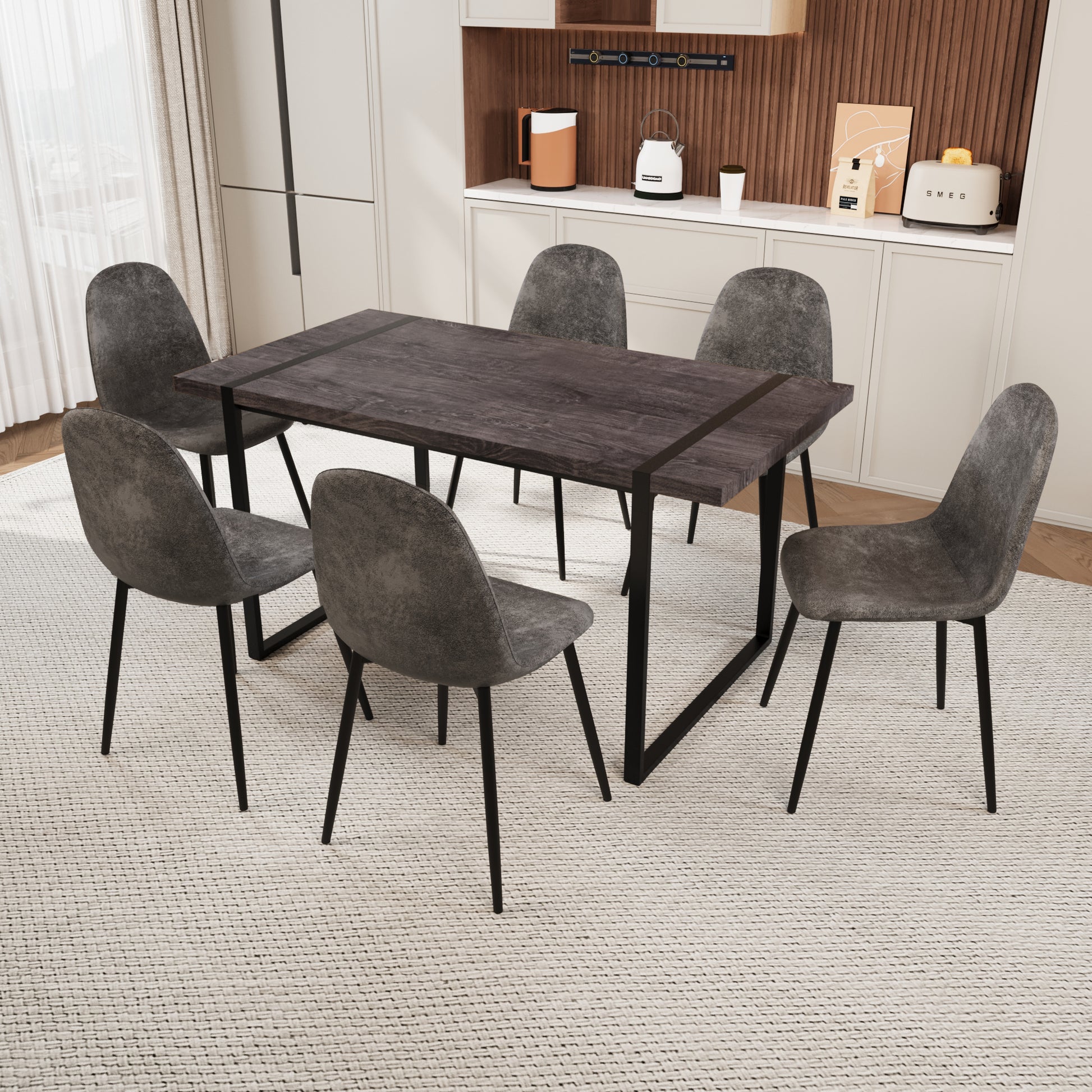 Mdf Black Wooden Dining Table And Modern Dining Chair Set Of 8 Pieces, Medieval Wooden Kitchen Dining Table Set, Black Metal Base, Dining Table And Suede Chair Set Buy 6 Chairs And Get 2 Free Grey