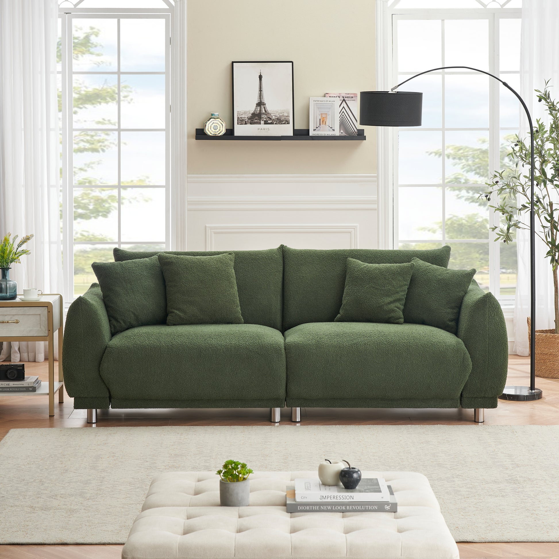 An 86.6 Inch Teddy Wool Black Sofa With Four Throw Pillows And Hardware Feet Makes It Comfortable To Sit In An Apartment Bedroom Without Taking Up Space Green Fabric 2 Seat