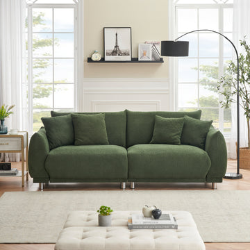 An 86.6 Inch Teddy Wool Black Sofa With Four Throw Pillows And Hardware Feet Makes It Comfortable To Sit In An Apartment Bedroom Without Taking Up Space Green Fabric 2 Seat