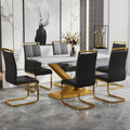 Table And Chair Set, The Table Is Equipped With A Marble Patterned Mdf Tabletop And Gold Table Legs.The Chair Is Equipped With Pu Synthetic Leather High Back Cushion And Gold Coated Metal Legs. Gold Black Seats 6 Mdf Metal