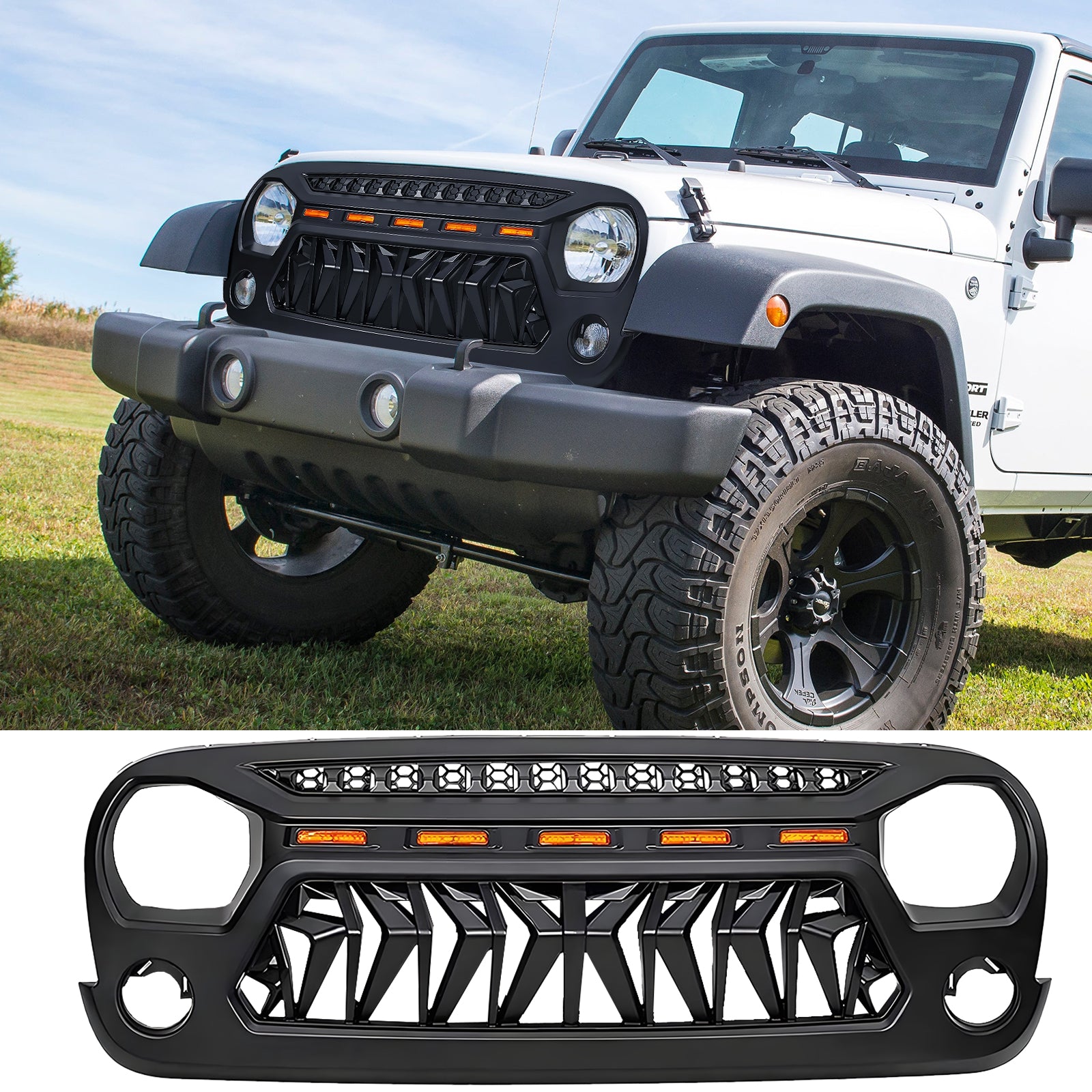 Front Matte Black Shark Grille Replacement Grill For Jeep Wrangler Jk 2007 2017 With Led Lights Black Abs