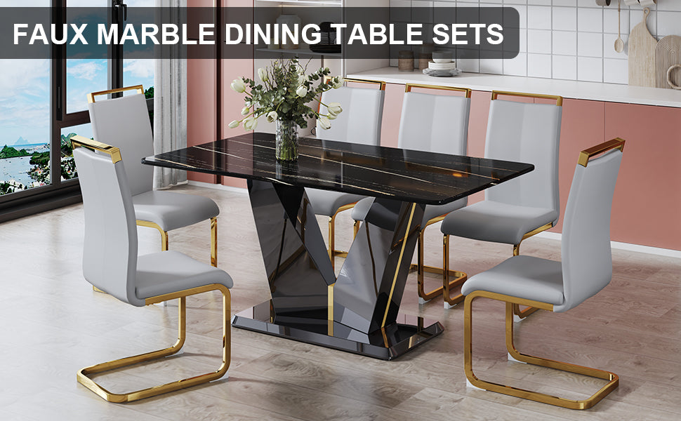 Table And Chair Set,Modern Minimalist Rectangular Dining Table, 0.4 Inch Thick, With A Black Imitation Marble Pattern Glass Desktop And Black Mdf Legs. Comfortable Pu Seats,Perfect For Dinner, Meet Grey Black Seats 6 Mdf Glass