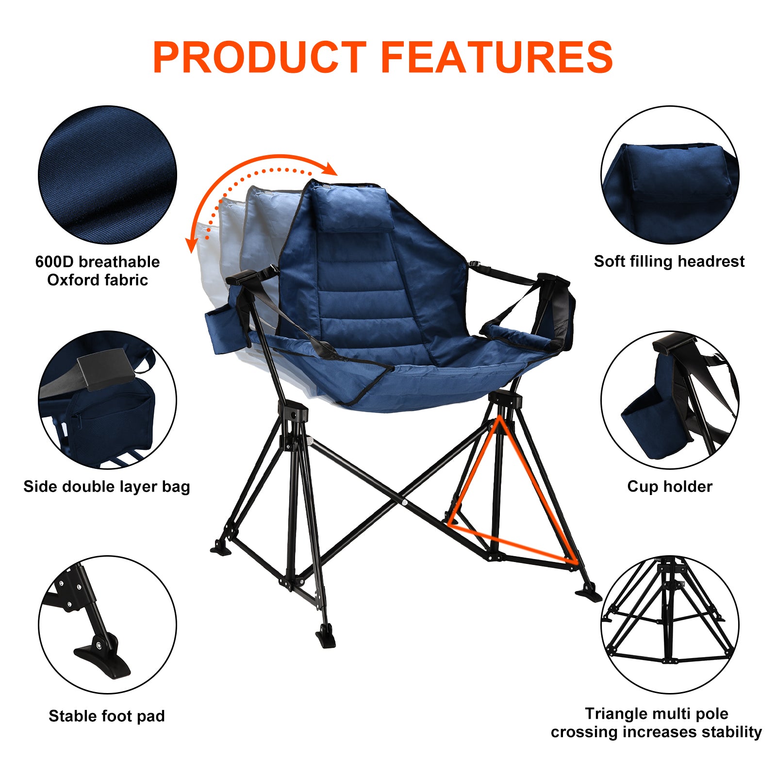 Hammock Camping Chair Folding 350 Lbs Foldable Portable Rocking Chairs For Adults Outside Swinging Camp With Stand Lawn Garden Hanging Outdoor Dark Blue Iron