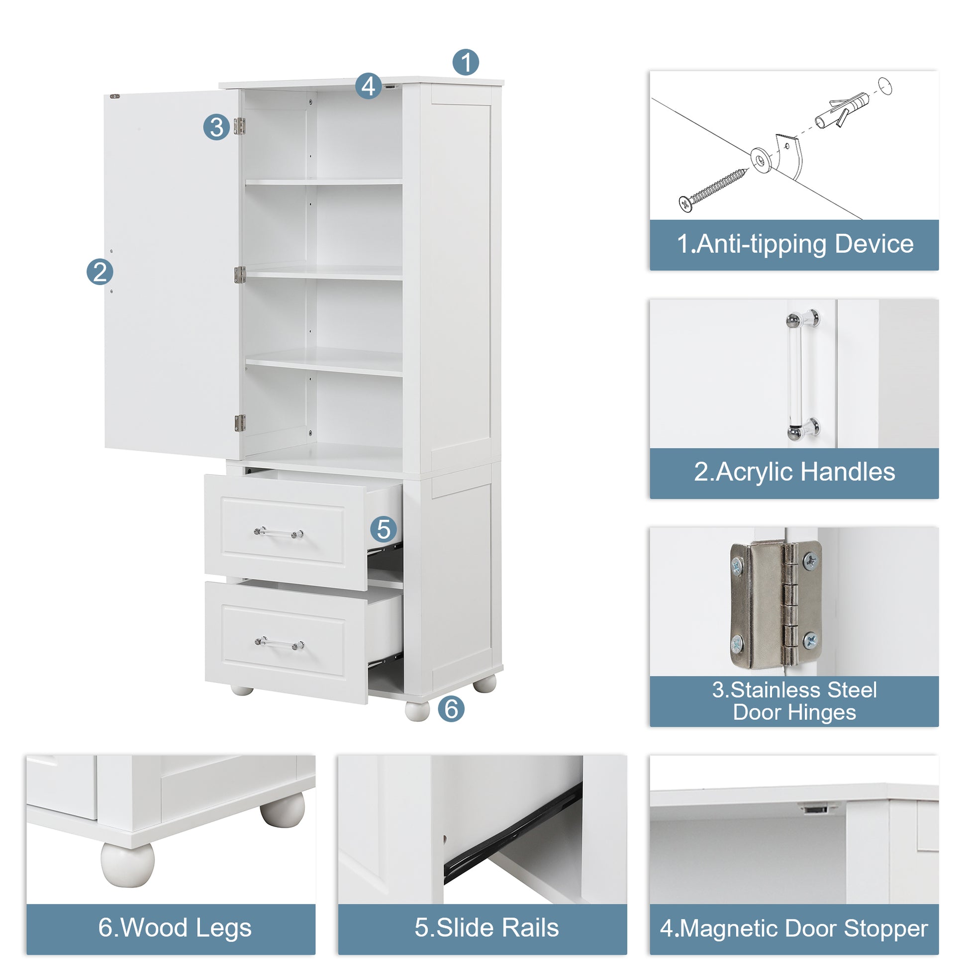 Tall Bathroom Storage Cabinet, Freestanding Storage Cabinet With Two Drawers And Adjustable Shelf, Mdf Board With Painted Finish, White White Mdf