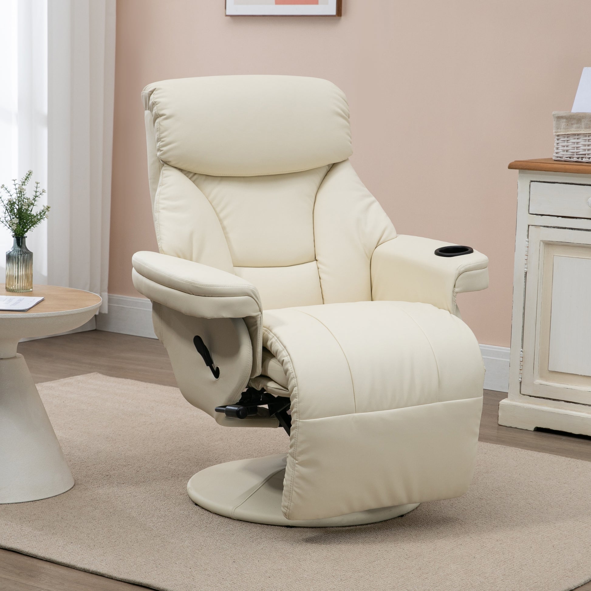 Homcom Manual Recliner, Swivel Lounge Armchair With Side Pocket, Footrest And Cup Holder For Living Room, Cream White Cream White Pu Leather