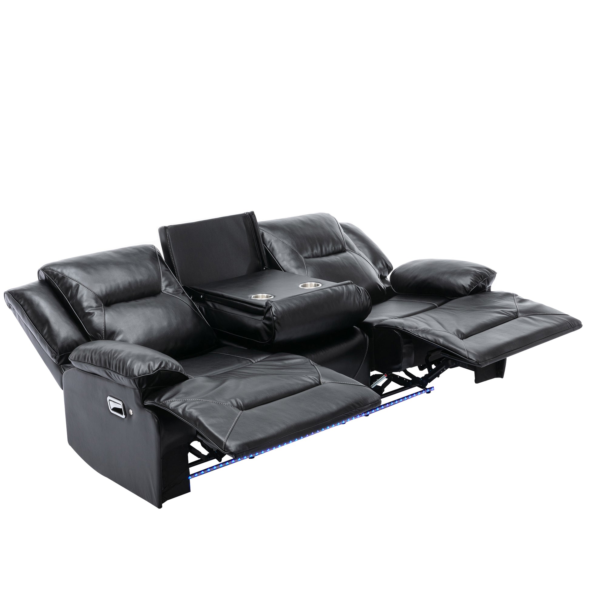 3 Seater Home Theater Recliner Manual Recliner Chair With A Led Light Strip Two Built In Cup Holders For Living Room,Bedroom, Black Black Foam Pu