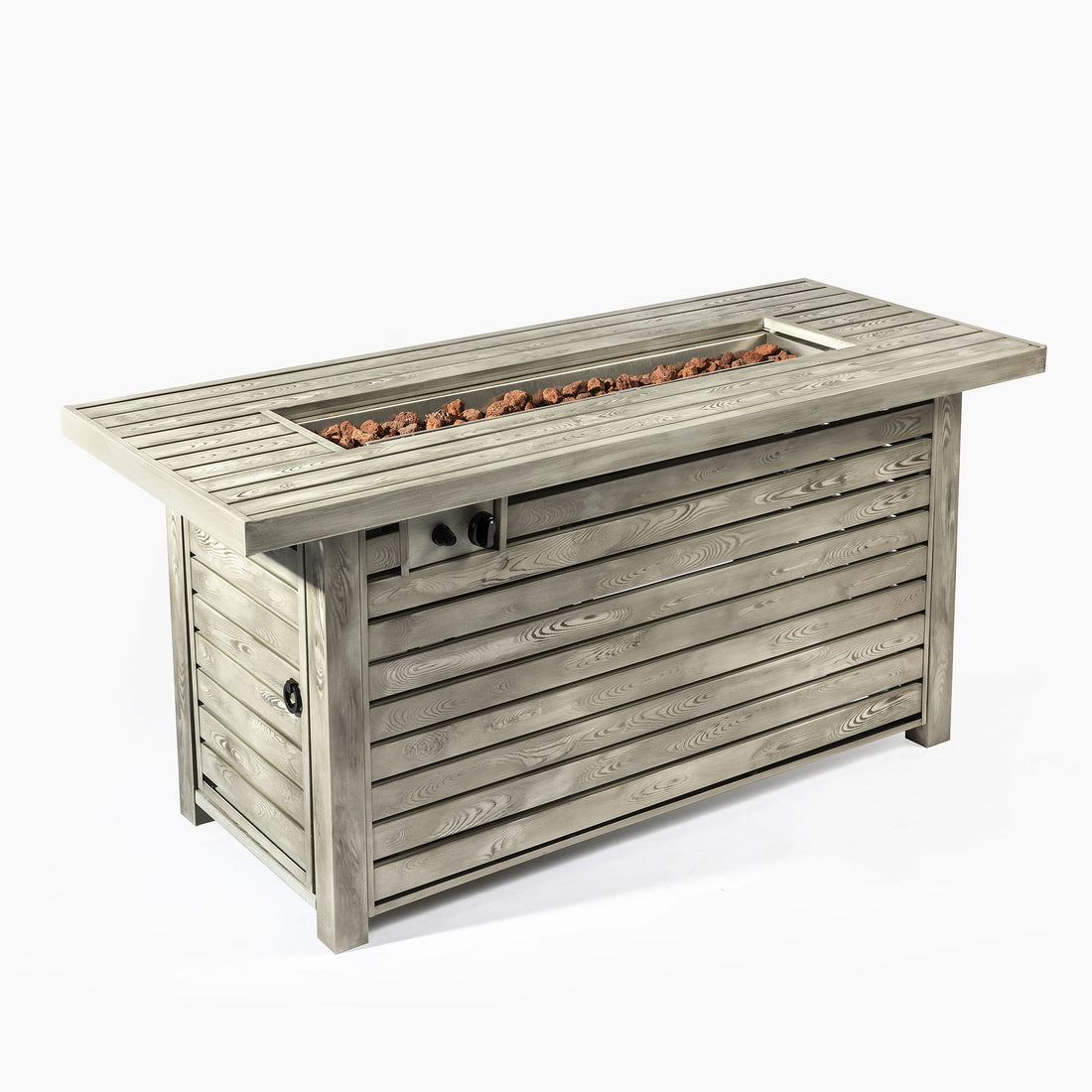 54Inch Outdoor Fire Table Steel Fire Pit Table With Wood Grain Surface Light Beige Steel