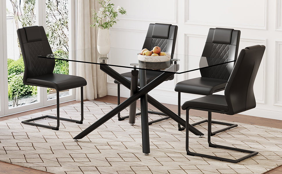 Table And Chair Set.Modern Rectangular Glass Dining Table With 0.39" Tempered Glass Tabletop And Black Metal Legs.Paired With Multiple Chairs Designed With Pu Cushions And Black Metal Legs. Black Grey Seats 4 Tempered Glass