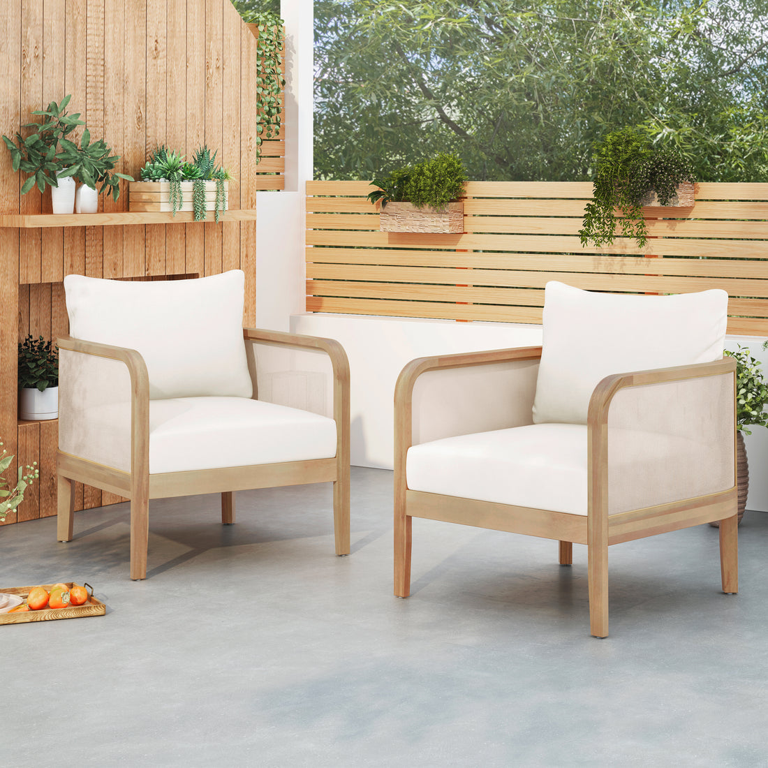 Set Of 2 Outdoor Acacia Wood Patio Club Chair, Textilene Patio Furniture,Waterproof Thick Cushion Deep Seating For Porch, Garden, Backyard, Balcony, Weight Capacity 400Lbs, Light Teak Finish, Beige