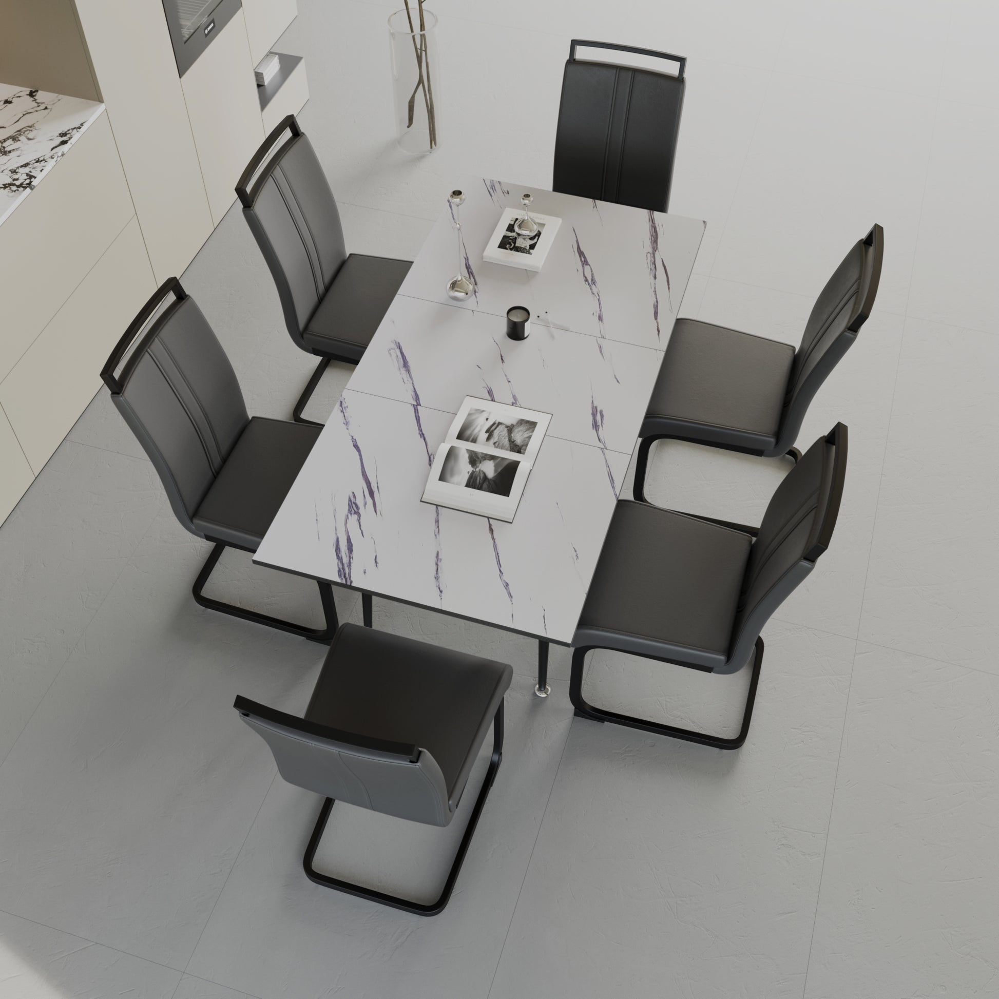 An Expandable Dining Table Set For 2 6 People, Equipped With A C Shaped Tubular Cushioned Armless Dining Chair And An Elegant And Spacious Dining Table Kitchen Table And Chair Set, With Metal Legs Grey White Mdf