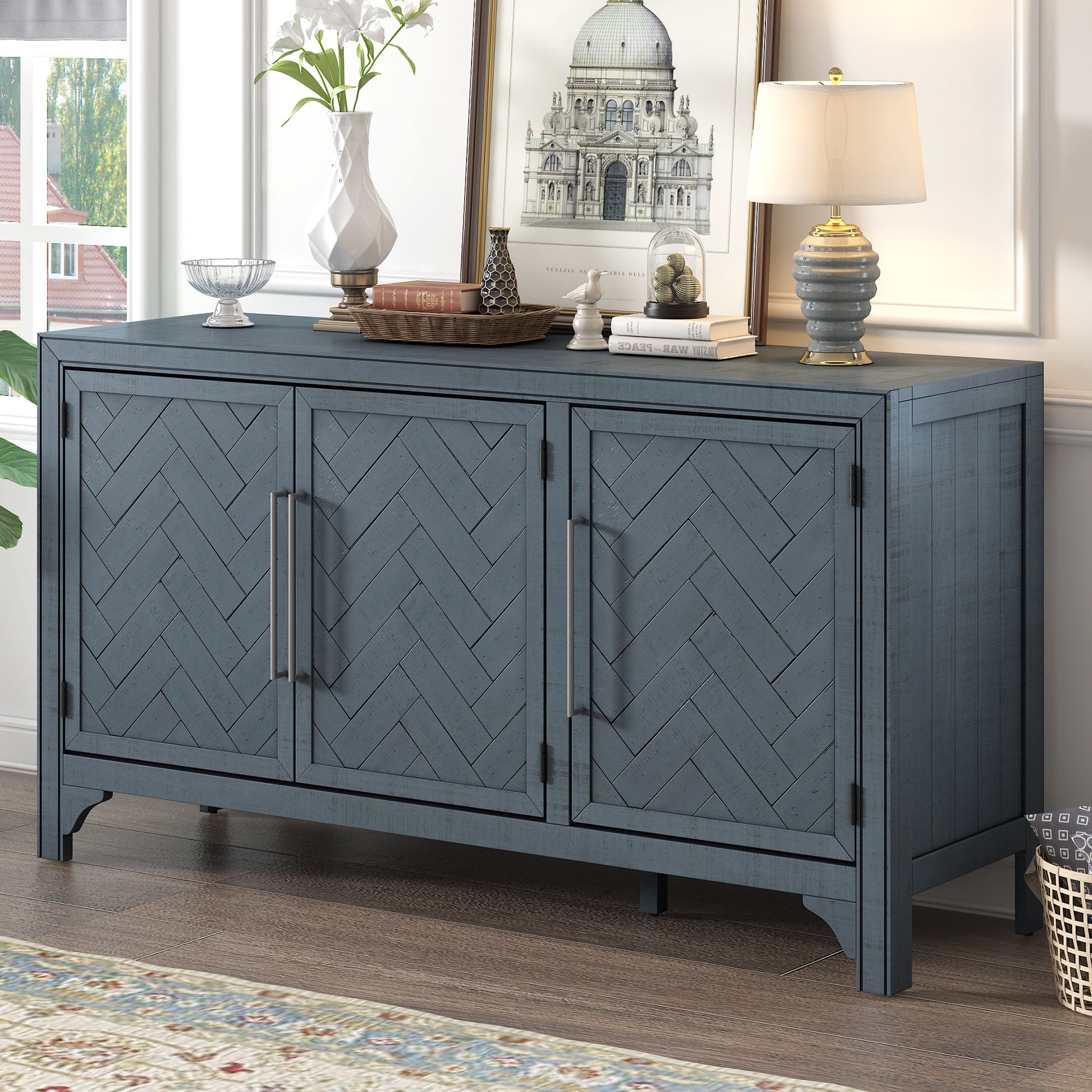 Designed Storage Cabinet Sideboard With Mdf Pine Veneeradjustable Shelves, Suitable For Living Rooms, Entrance And Study Rooms. Navy Blue Primary Living Space Adjustable Shelves American Design,American Traditional,Classic Mdf