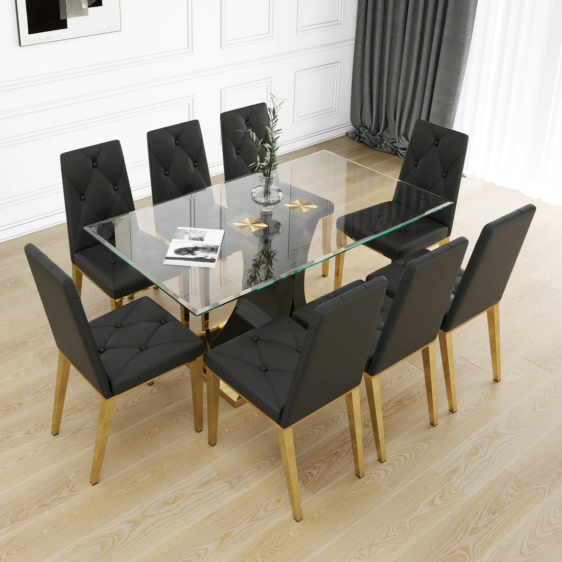 Modern Style Glass Dining Table, Elegant Transparent Design, Solid Support Base, Black Dining Chair Set, Gold Plated Chair Legs, Suitable For Restaurant Kitchens Set Of 9 Metal Gold Black Mdf Glass